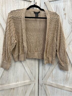 Sunny Taylor Beige Open-Weave Beaded Cropped Cardigan